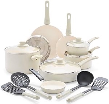 GreenLife Soft Grip Healthy Ceramic Nonstick 16 Piece Kitchen Cookware Pots and Frying Sauce Pans Set, PFAS-Free, Dishwasher Safe, Turquoise
