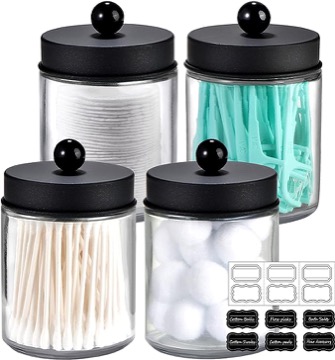 4 Pack Apothecary Jars Bathroom Vanity Storage Organizer Set -Countertop Canister with Stainless Steel Lids &Cute Stickers - Qtip Dispenser Holder for Qtips,Cotton Swabs,Makeup Sponges(Black)