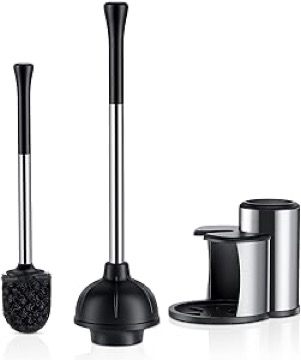 Toilet Plunger and Bowl Brush Set: 2 in 1 Stainless Steel Heavy Duty Toilet Cleaner Plunger with Holder Combo for Bathroom Cleaning - Modern Hideaway Bathroom Accessories with Caddy Stand