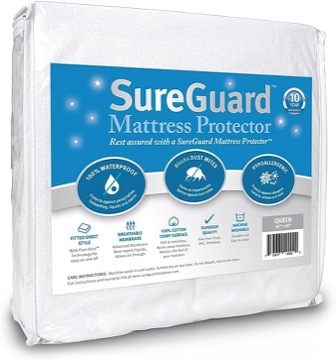 SureGuard Queen Size Mattress Protector - 100% Waterproof, Hypoallergenic - Premium Fitted Cotton Terry Cover White